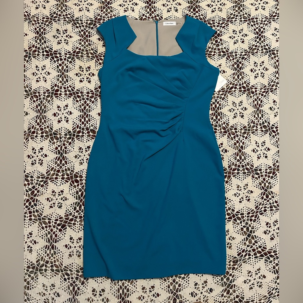 Calvin Klein Teal Blue Cap Sleeve Ruched Midi Dress